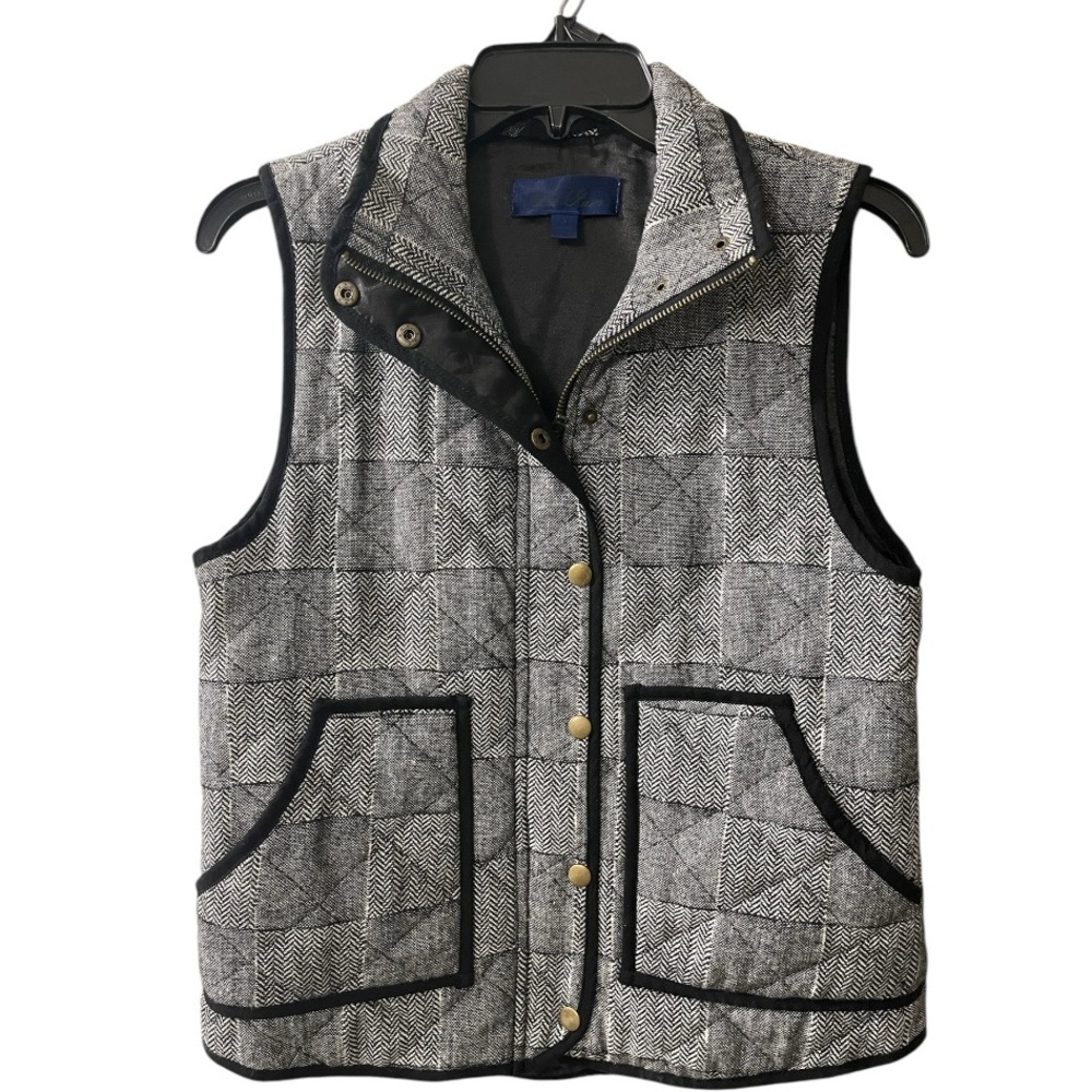 BLUE RAIN Black White Herringbone Tweed Zip Front Snap Vest sz: Small
